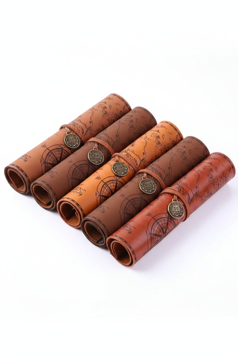 Retro Leather Roll Pencil Case – Large Capacity