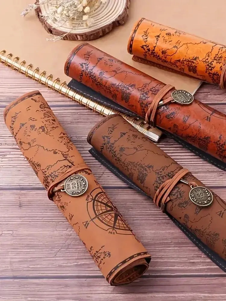 Retro Leather Roll Pencil Case – Large Capacity