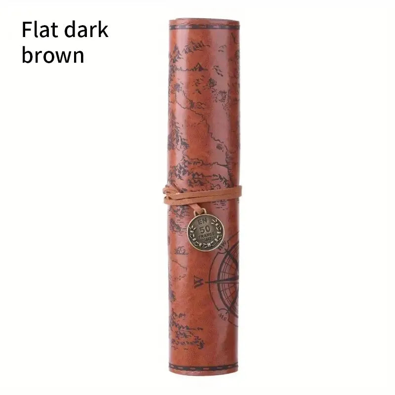 Retro Leather Roll Pencil Case – Large Capacity