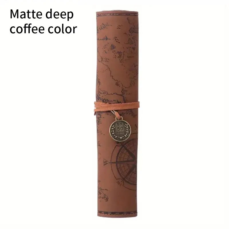 Retro Leather Roll Pencil Case – Large Capacity