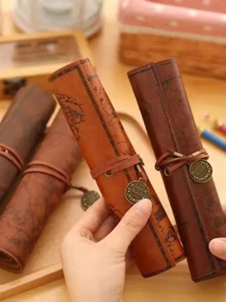 Retro Leather Roll Pencil Case – Large Capacity