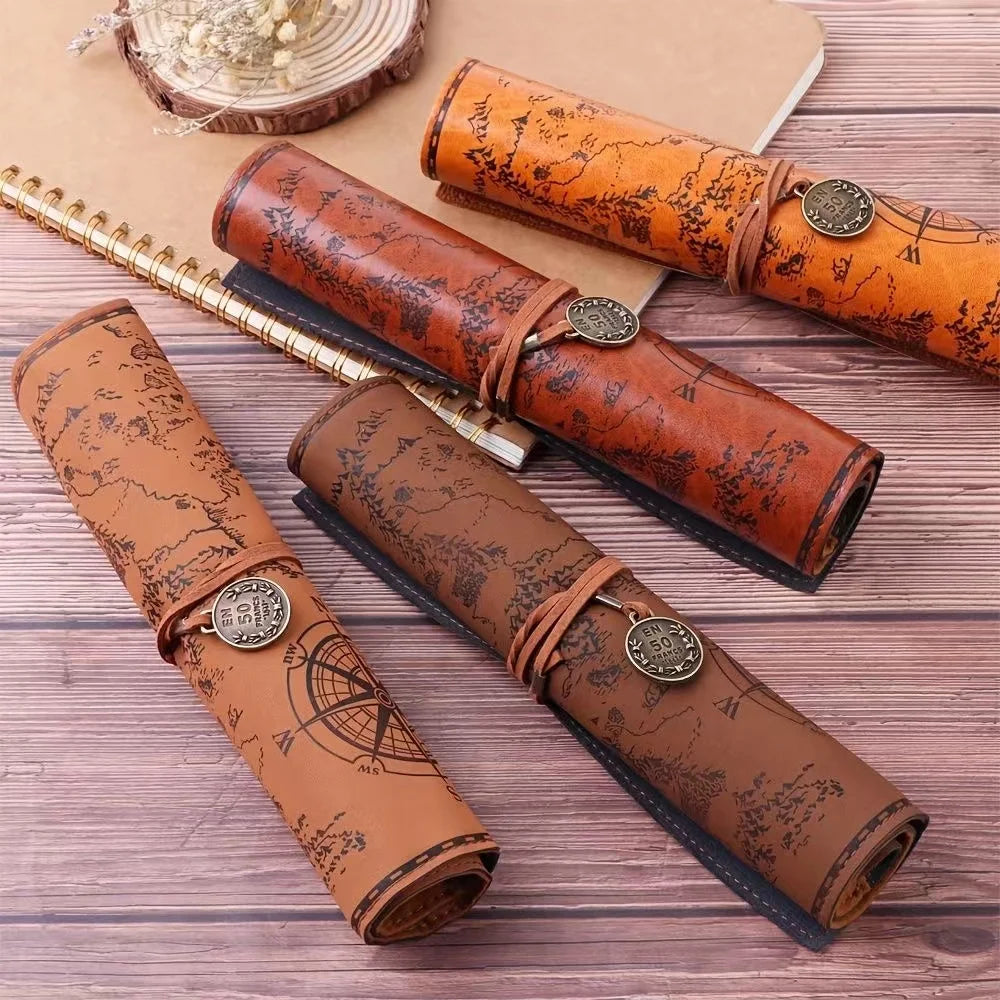 Retro Leather Roll Pencil Case – Large Capacity