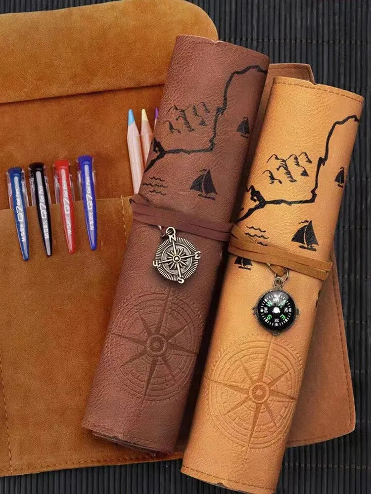 Retro Leather Roll Pencil Case – Large Capacity