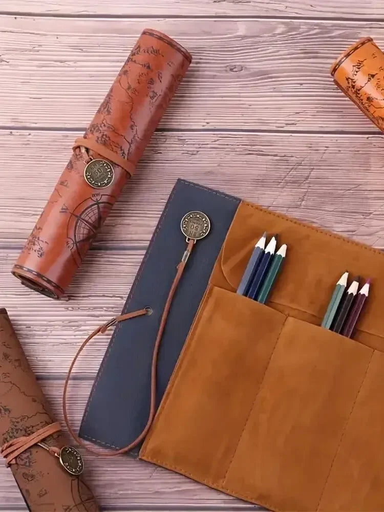 Retro Leather Roll Pencil Case – Large Capacity