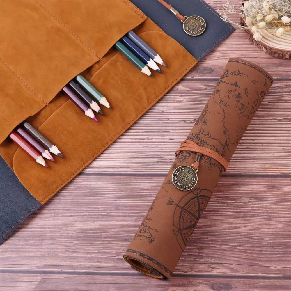 Retro Leather Roll Pencil Case – Large Capacity