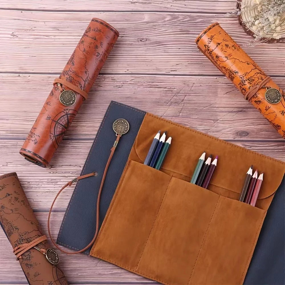 Retro Leather Roll Pencil Case – Large Capacity