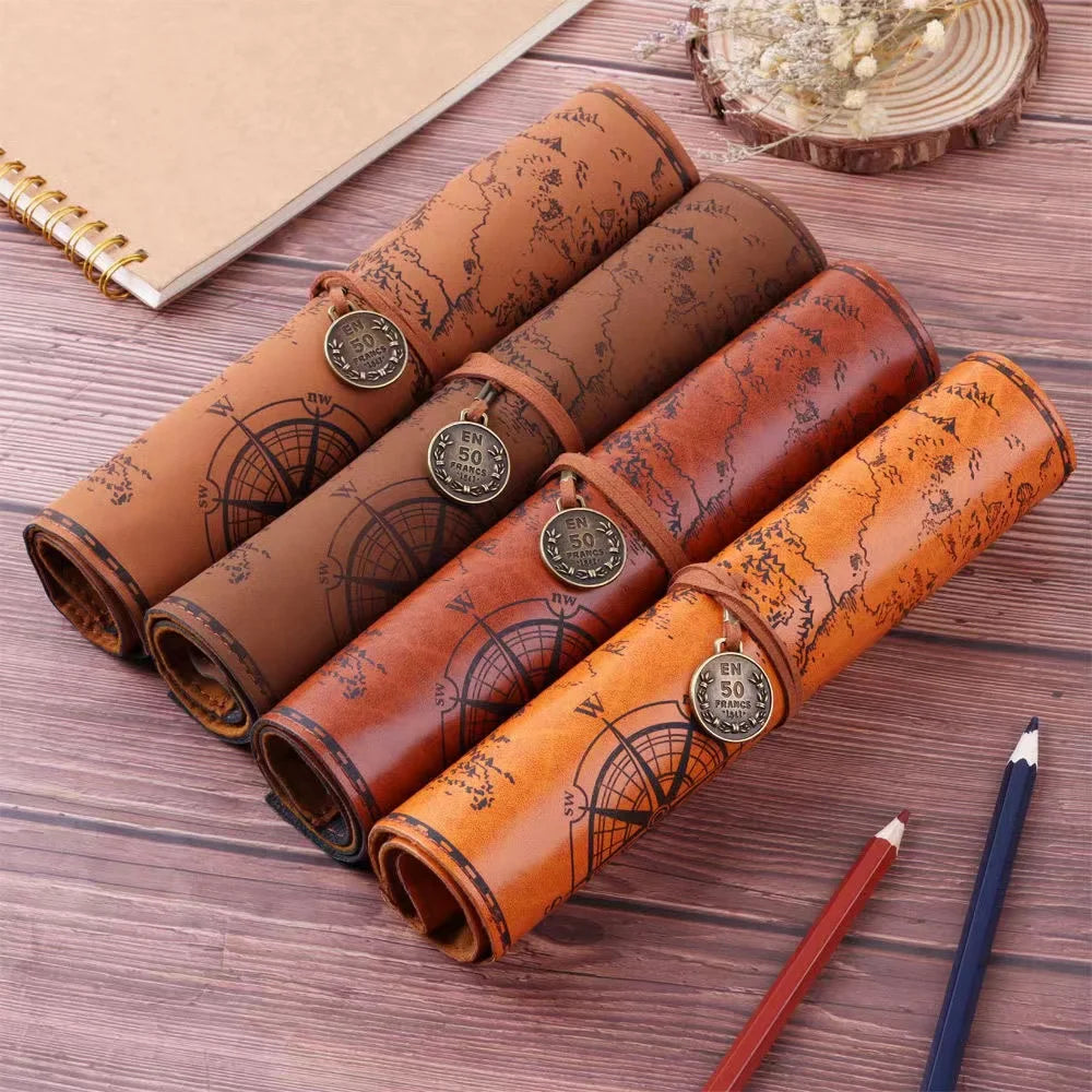 Retro Leather Roll Pencil Case – Large Capacity